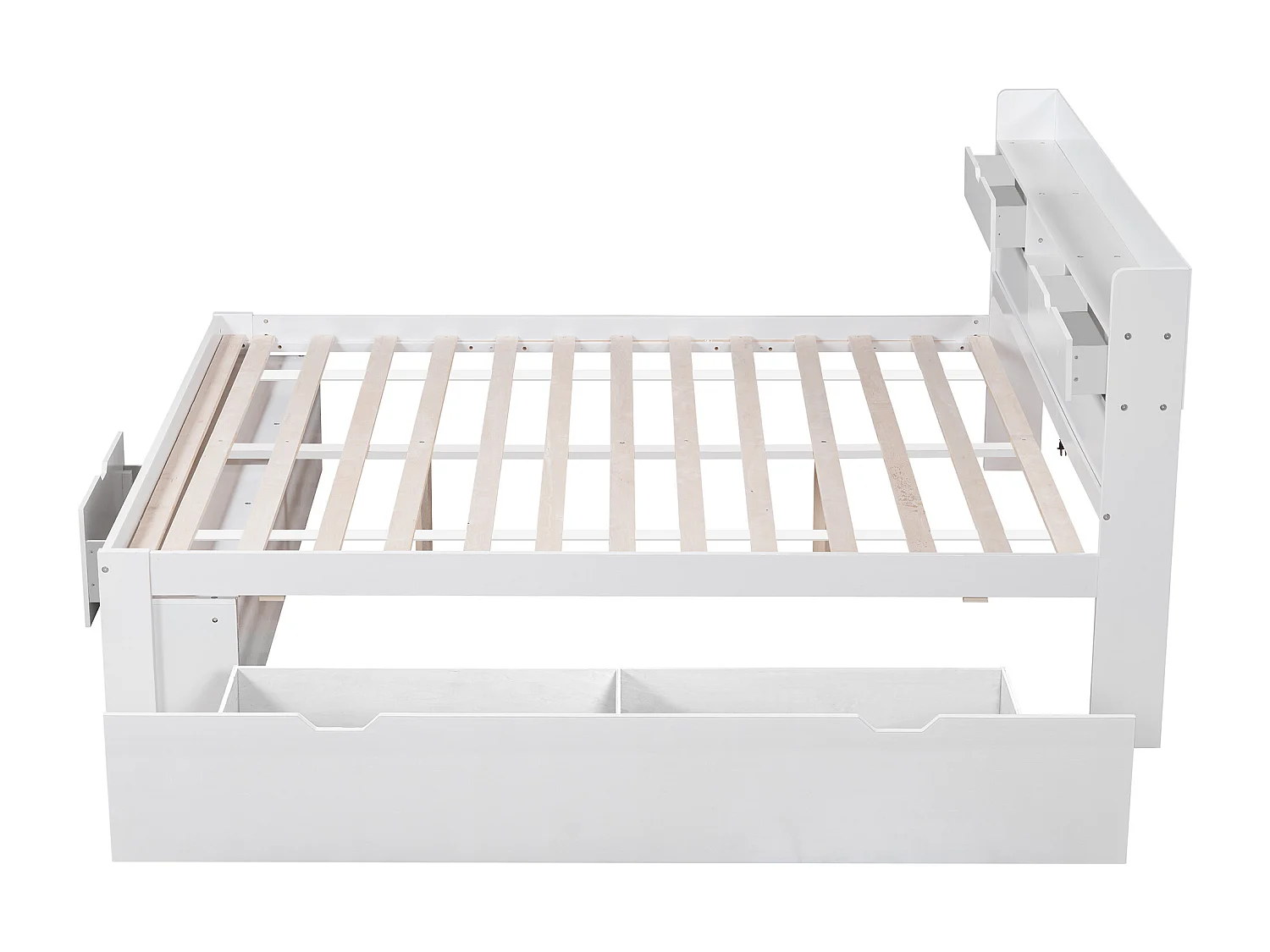 Lit coffre pour enfant - 135 x 190 cm - avec USB + tiroirs + étagère de rangement - MDF - blanc