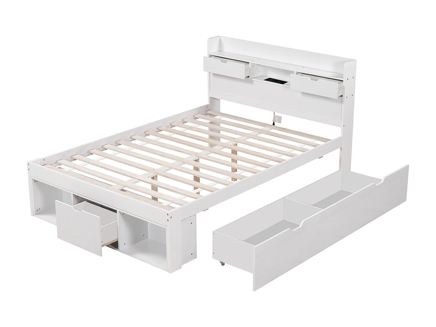 Lit coffre pour enfant - 135 x 190 cm - avec USB + tiroirs + étagère de rangement - MDF - blanc