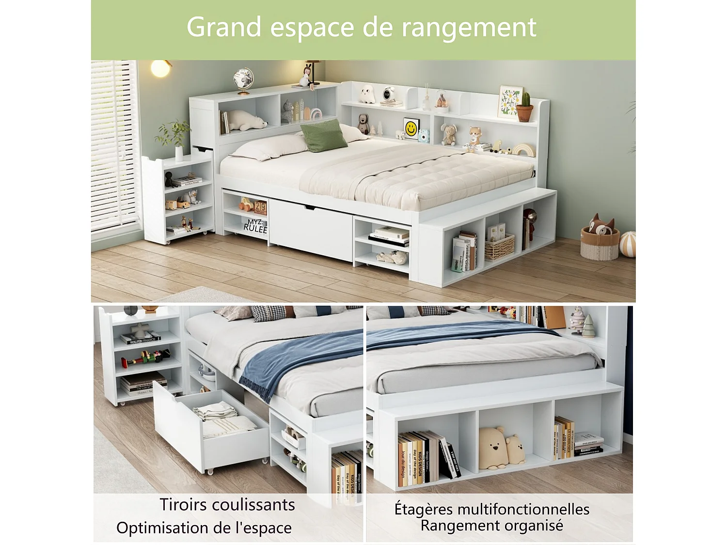 Lit coffre pour enfant - 140 x 190 cm - avec tiroirs + étagères de rangement + sommier à lattes - bois - blanc