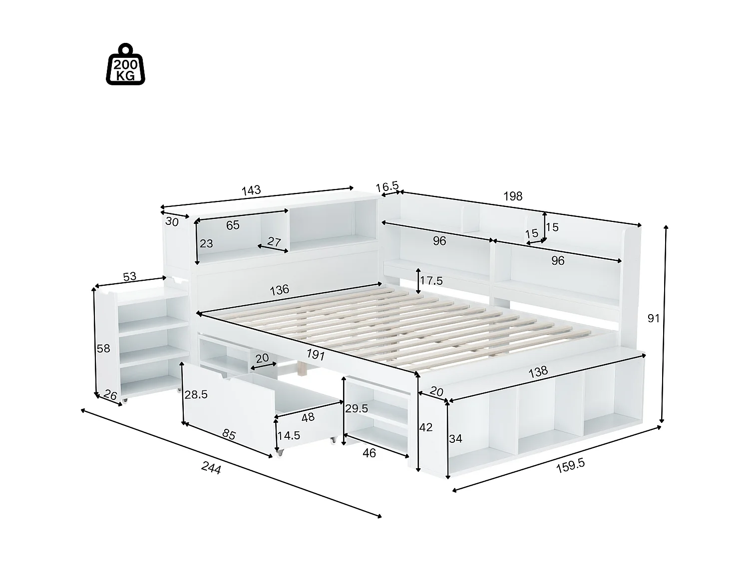 Lit coffre pour enfant - 140 x 190 cm - avec tiroirs + étagères de rangement + sommier à lattes - bois - blanc