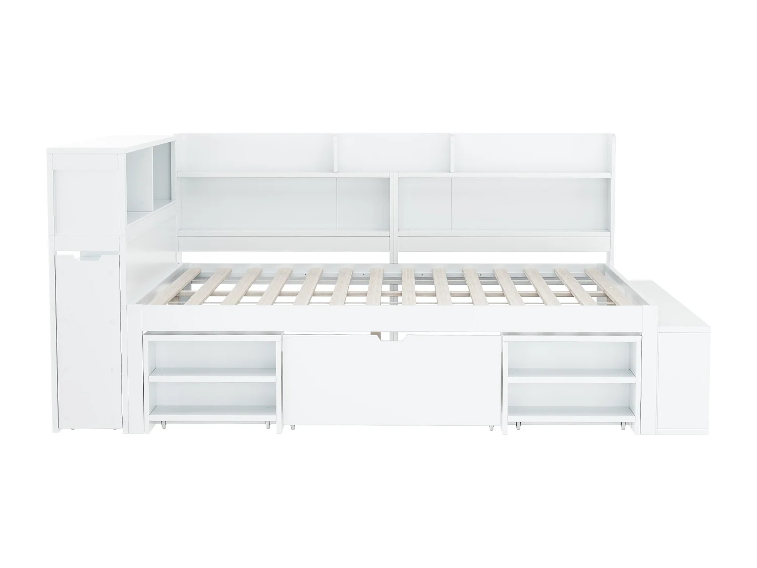 Lit coffre pour enfant - 140 x 190 cm - avec tiroirs + étagères de rangement + sommier à lattes - bois - blanc