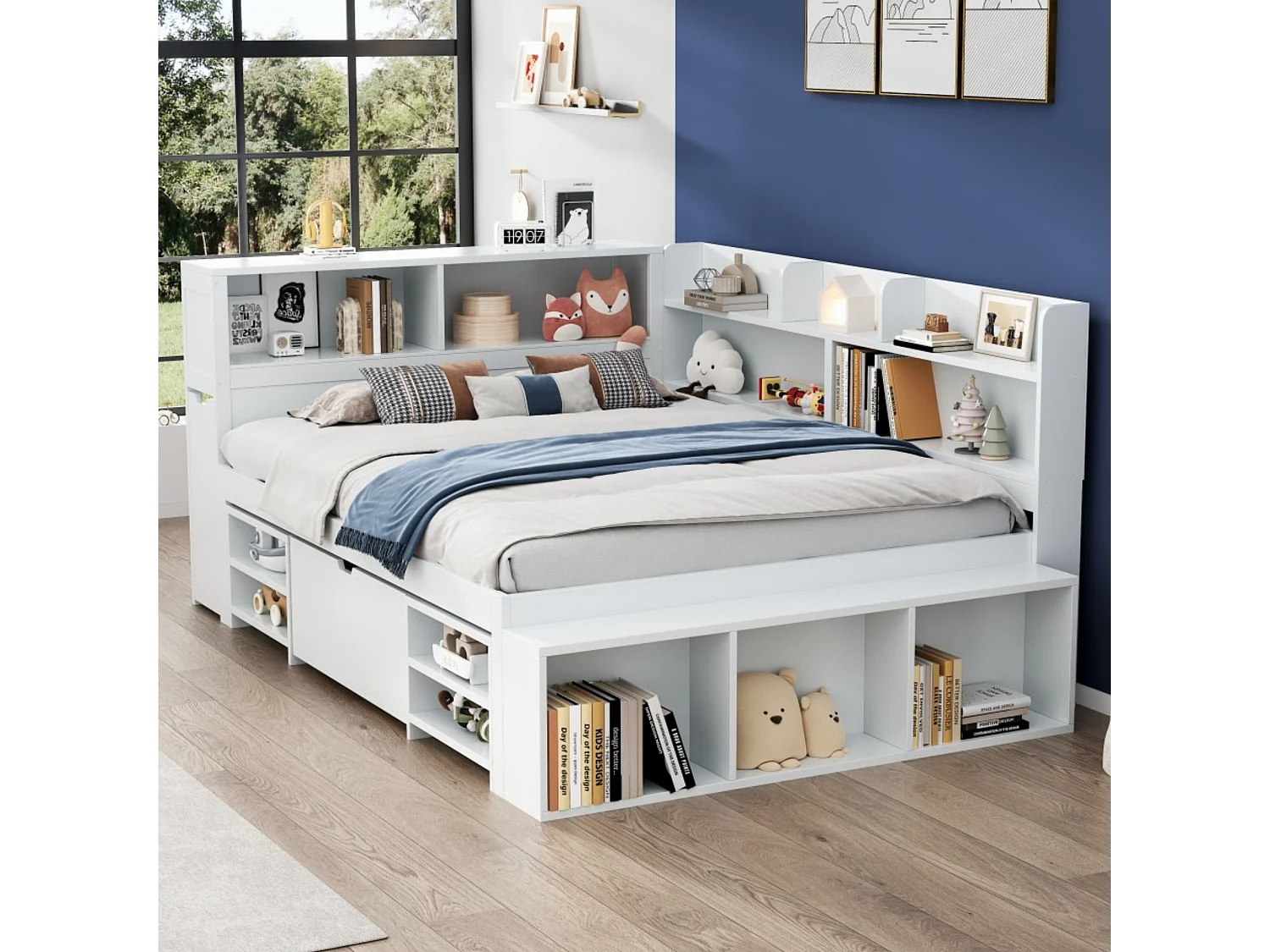 Lit coffre pour enfant - 140 x 190 cm - avec tiroirs + étagères de rangement + sommier à lattes - bois - blanc