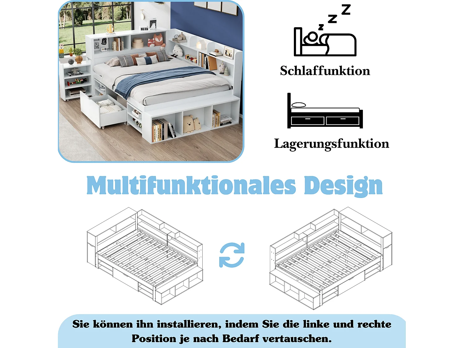 Lit coffre pour enfant - 140 x 190 cm - avec tiroirs + étagères de rangement + sommier à lattes - bois - blanc