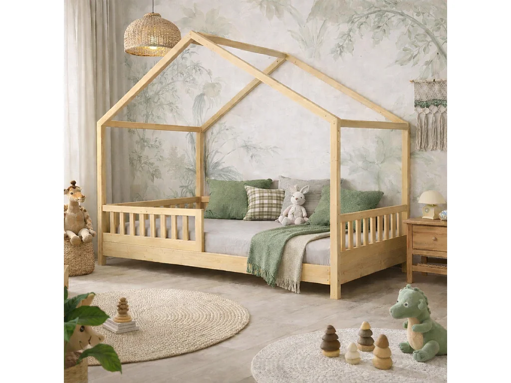 Kinderhuisbed BOSCO 90x190 cm van natuurlijk gelakt grenenhout met lattenbodem – Scandinavische unisex stijl