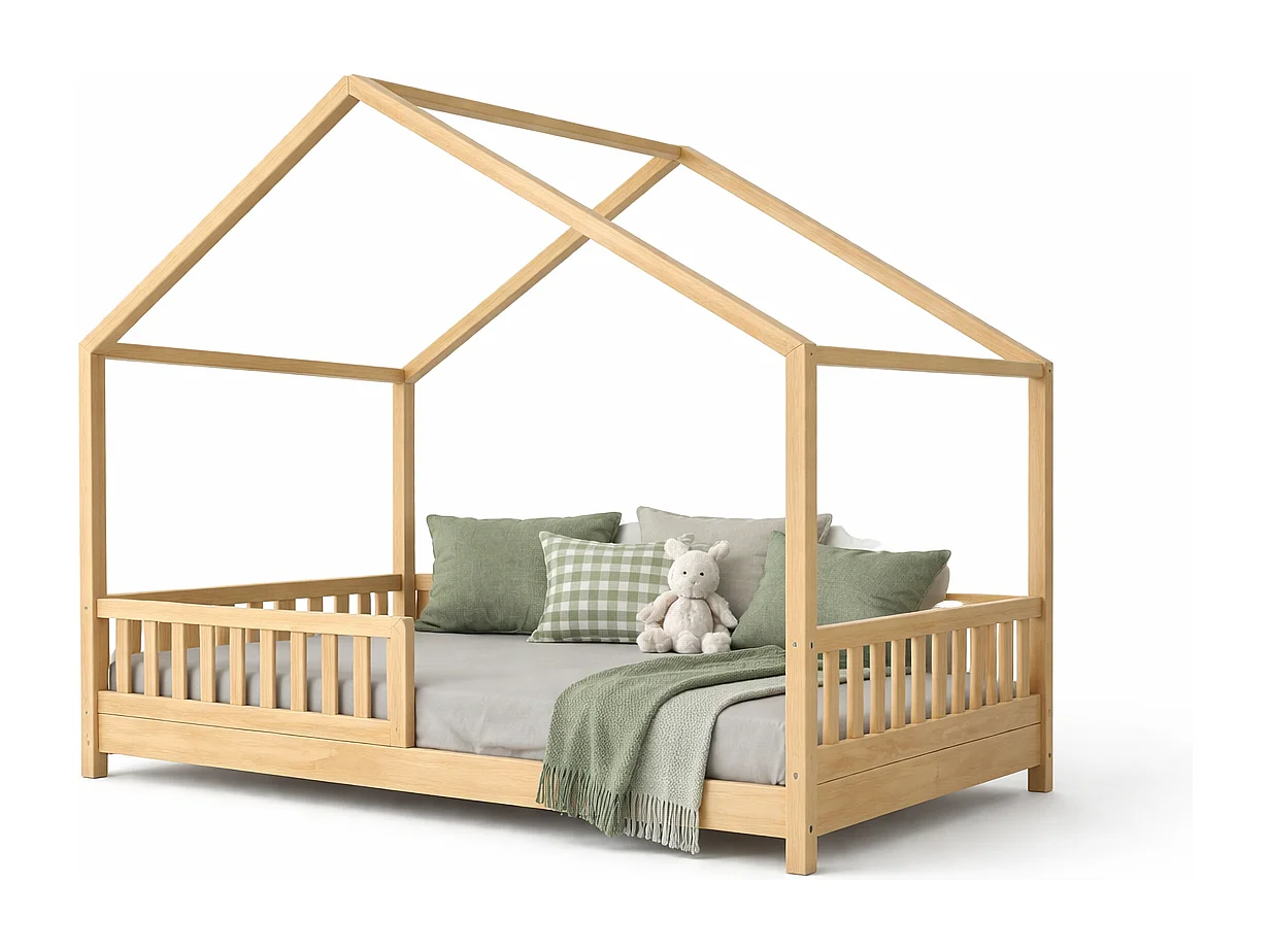 Kinderhuisbed BOSCO 90x190 cm van natuurlijk gelakt grenenhout met lattenbodem – Scandinavische unisex stijl