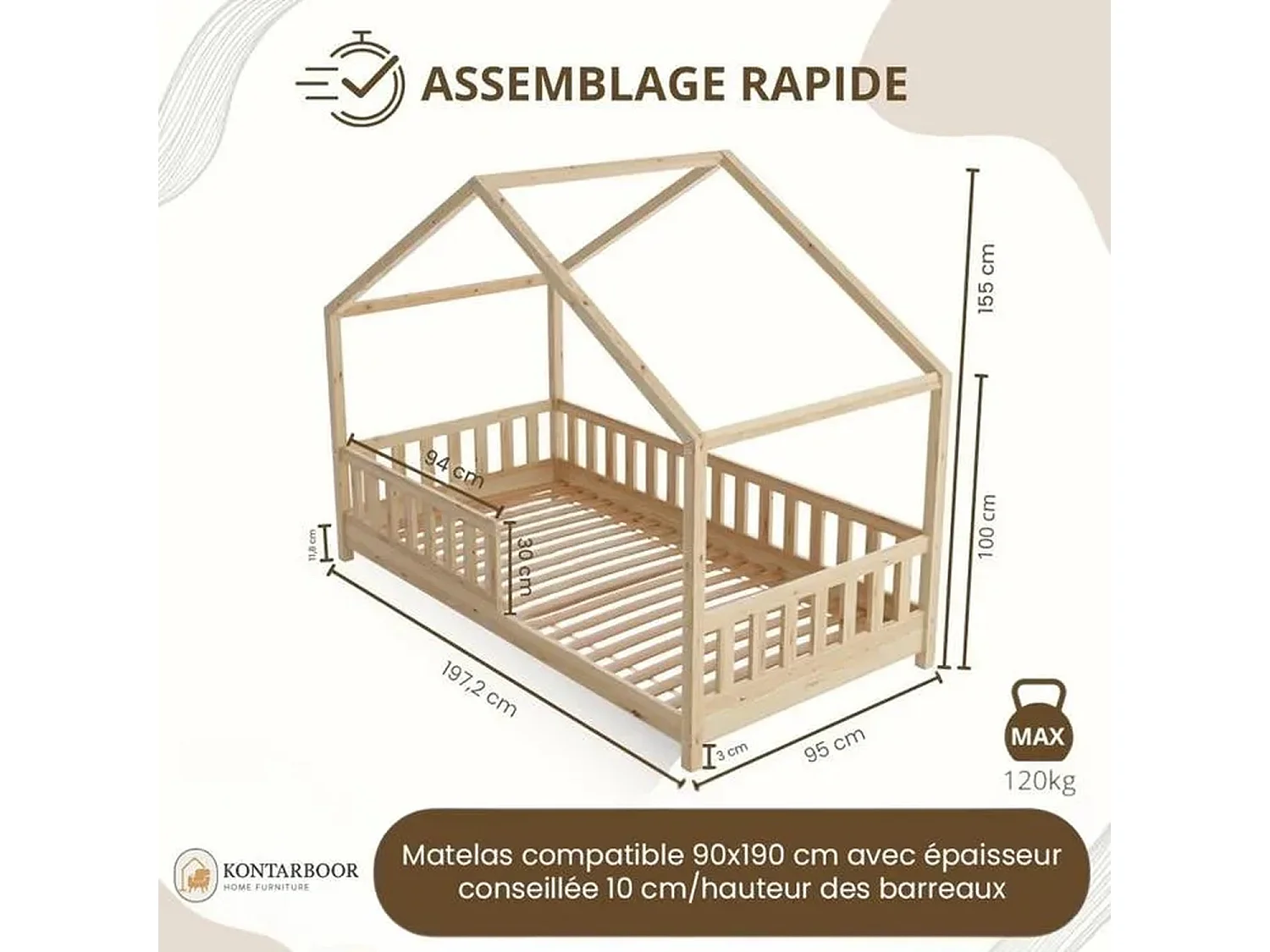 Kinderhuisbed BOSCO 90x190 cm van natuurlijk gelakt grenenhout met lattenbodem – Scandinavische unisex stijl