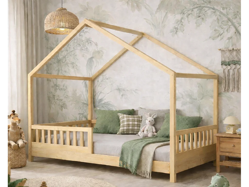 Lit cabane enfant 90x190 cm - Bois - Sommier à lattes inclus - Style Enfant