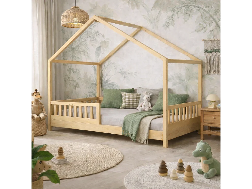 Lit cabane enfant 90x190 cm - Bois - Sommier à lattes inclus - Style Enfant