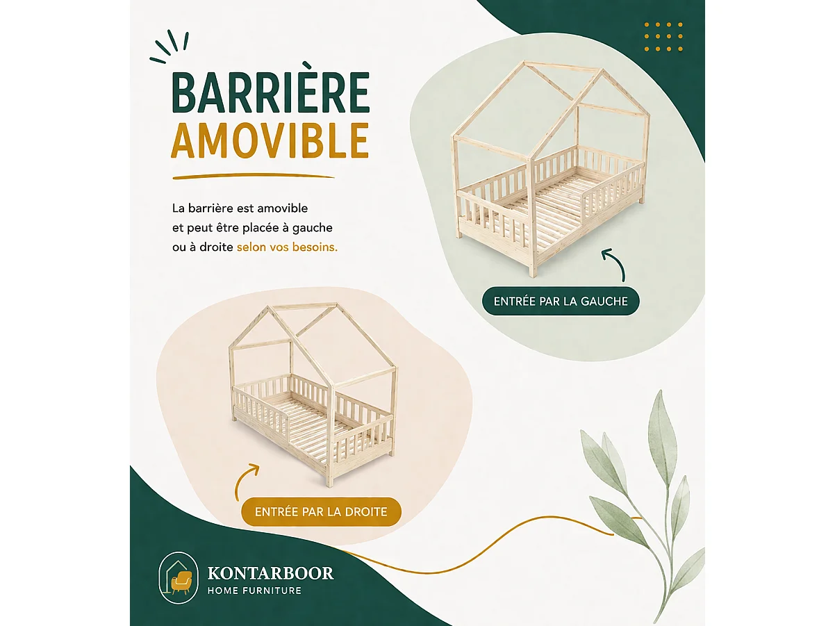Lit cabane enfant 90x190 cm - Bois - Sommier à lattes inclus - Style Enfant