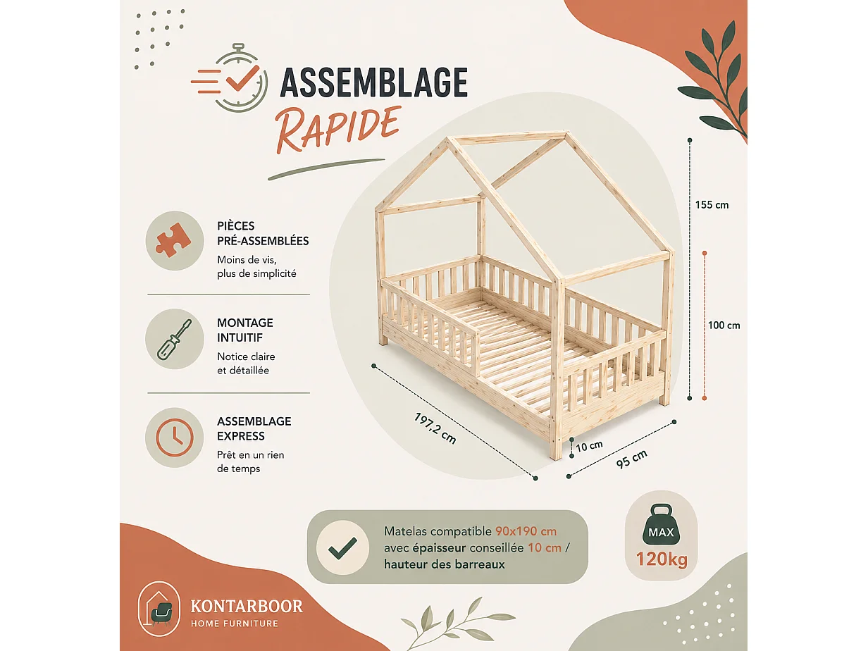 Lit cabane enfant 90x190 cm - Bois - Sommier à lattes inclus - Style Enfant