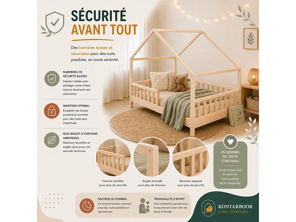 Lit cabane enfant 90x190 cm - Bois - Sommier à lattes inclus - Style Enfant
