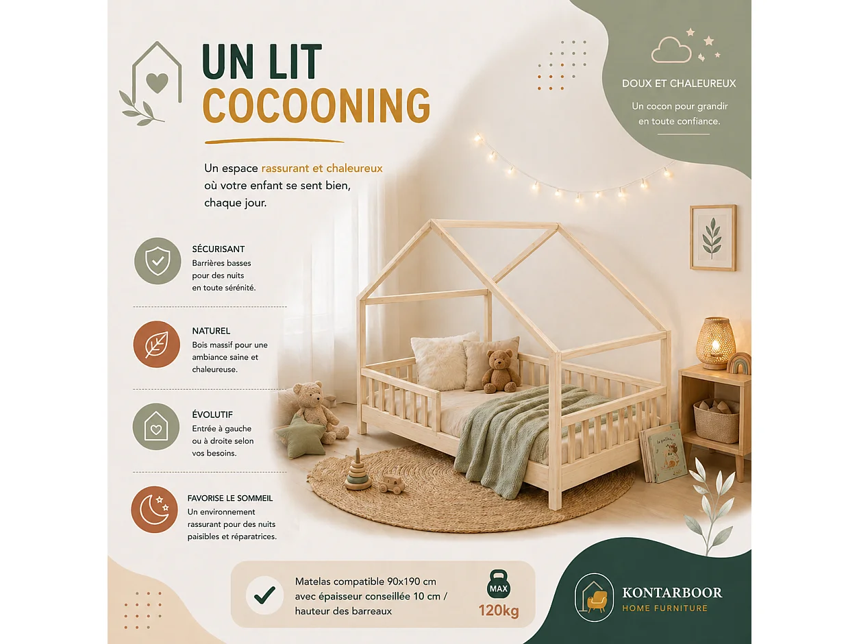 Lit cabane enfant 90x190 cm - Bois - Sommier à lattes inclus - Style Enfant