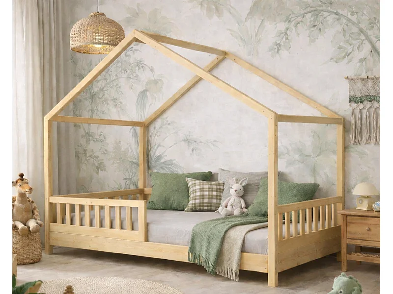 Kinderhuisbed BOSCO 90x190 cm van natuurlijk gelakt grenenhout met lattenbodem – Scandinavische unisex stijl