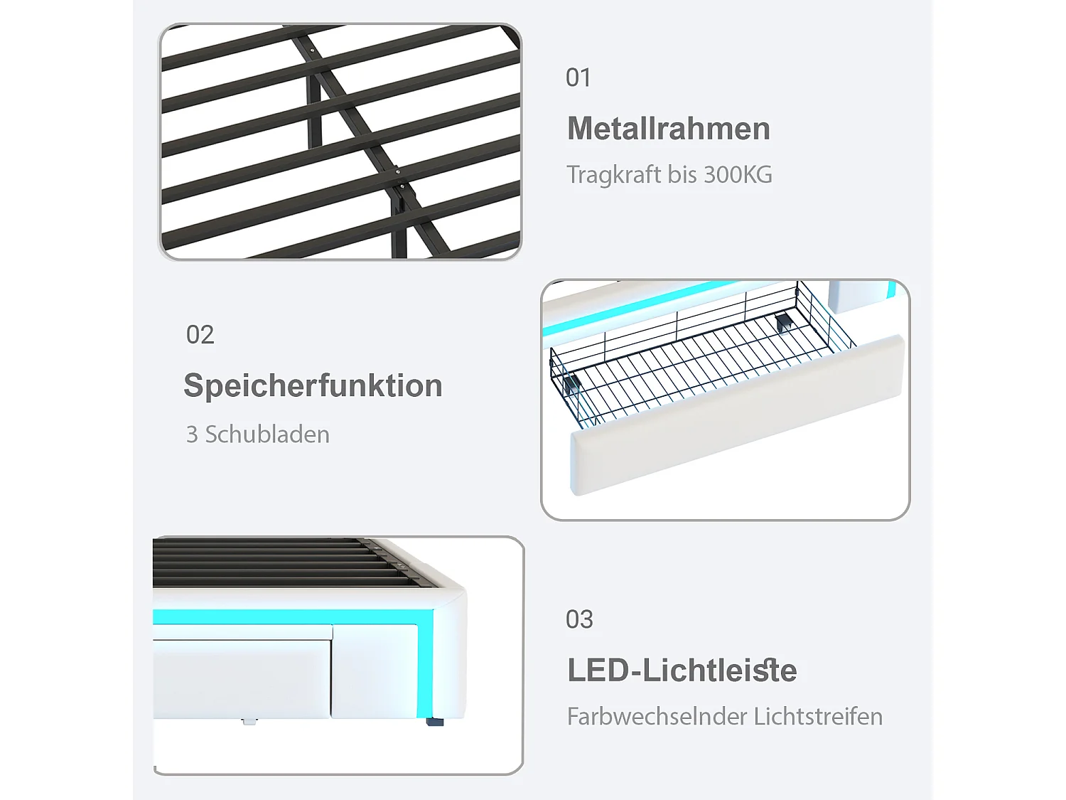 lit coffre pour enfant - 90 x 200 cm - avec 2 tiroirs + Leds - sans tête de lit - Cuir PU + métal + MDF - blanc