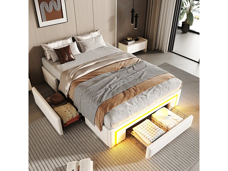 lit coffre pour enfant - 90 x 200 cm - avec 2 tiroirs + Leds - sans tête de lit - Cuir PU + métal + MDF - blanc