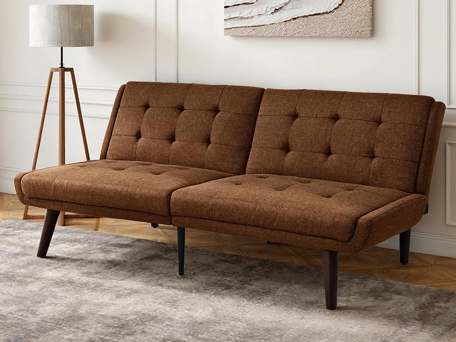 Canapé Relax 2 Places – Design Mid-Century Moderne avec Dossier Capitonné Réglable 5 Positions – Lin Gris à Carreaux – Idéal Salon Moderne