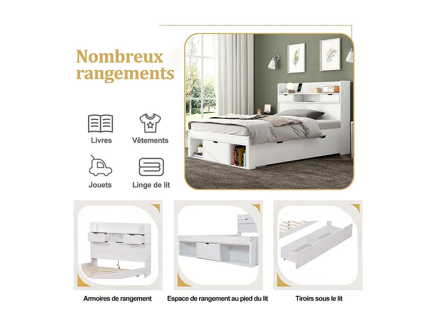 Lit coffre pour enfant - 90 x 190 cm - avec USB + tiroirs + étagère de rangement - MDF - blanc