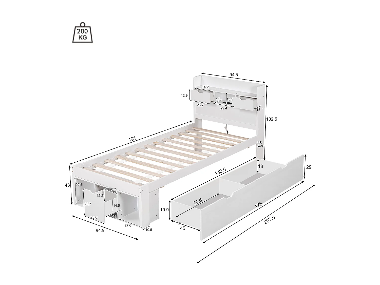 Lit coffre pour enfant - 90 x 190 cm - avec USB + tiroirs + étagère de rangement - MDF - blanc
