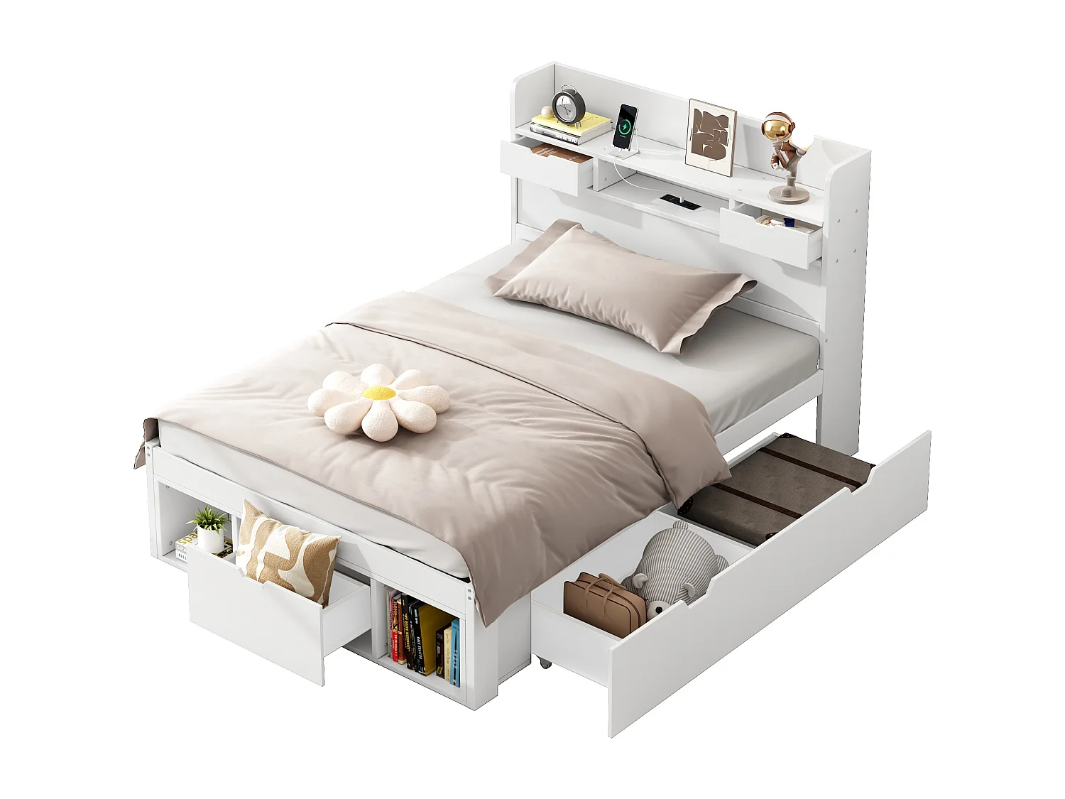 Lit coffre pour enfant - 90 x 190 cm - avec USB + tiroirs + étagère de rangement - MDF - blanc