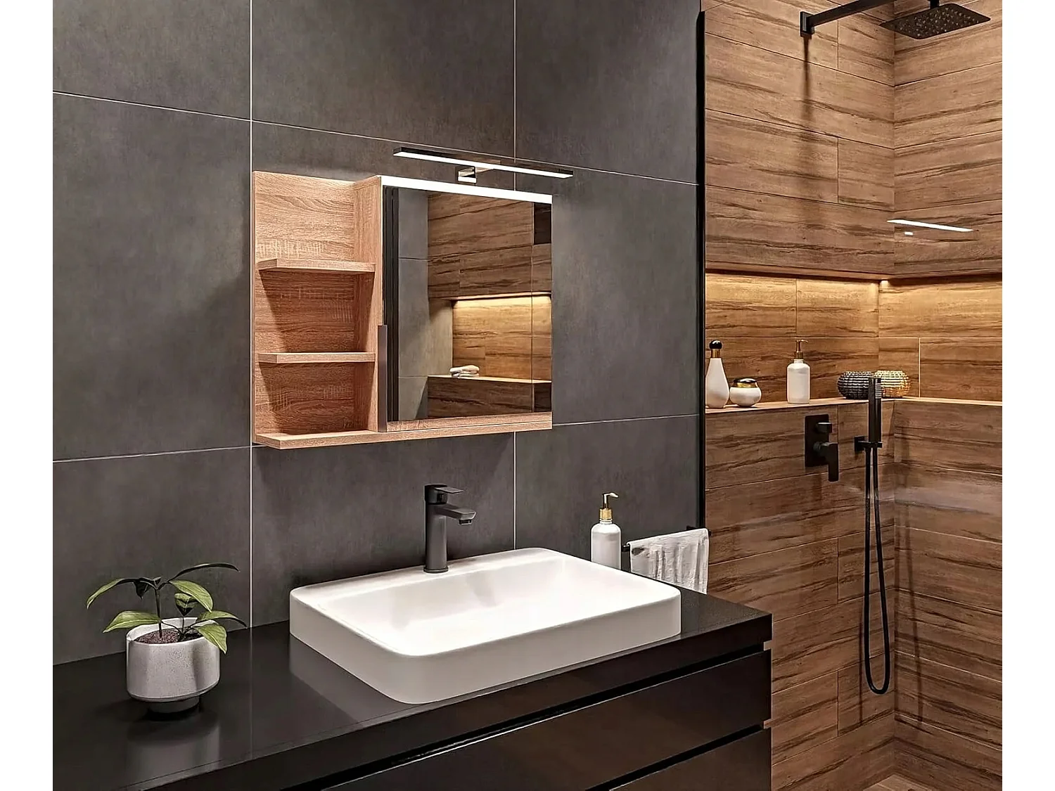 Coiffeuse murale avec miroir et étagères LED, finition Sonoma, droite