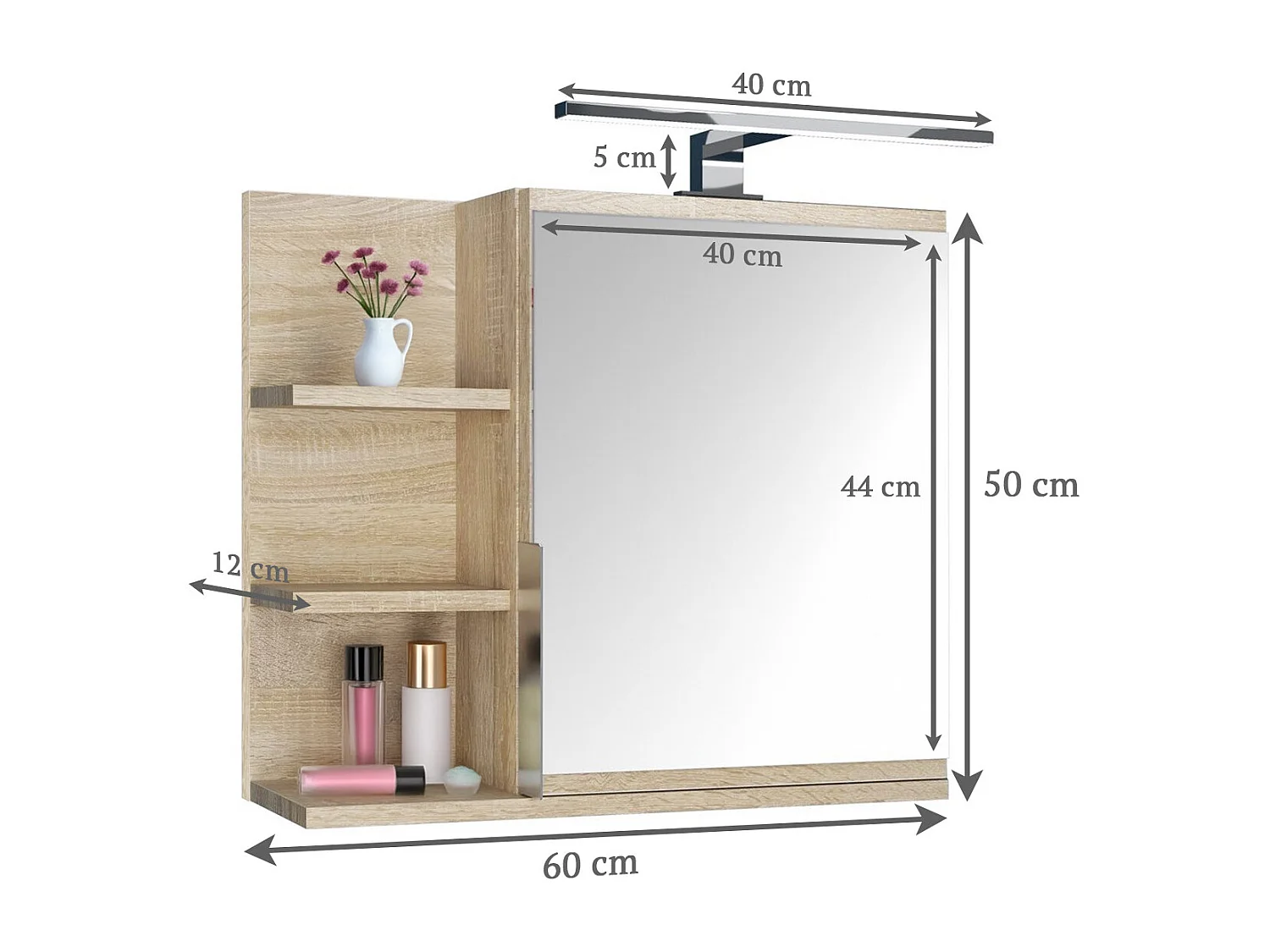 Coiffeuse murale avec miroir et étagères LED, finition Sonoma, droite