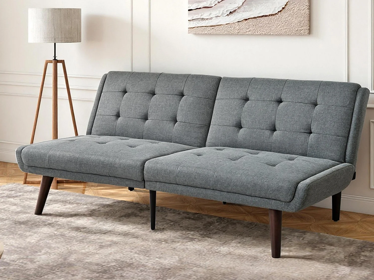 Canapé Relax 2 Places – Design Mid-Century Moderne avec Dossier Capitonné Réglable 5 Positions – Lin Gris à Carreaux – Idéal Salon Moderne