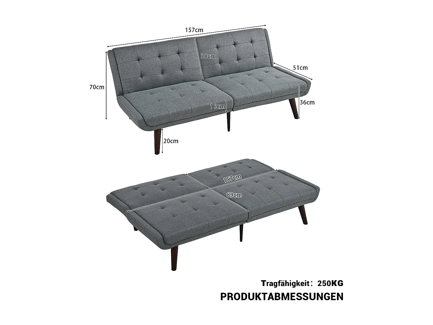 Canapé Relax 2 Places – Design Mid-Century Moderne avec Dossier Capitonné Réglable 5 Positions – Lin Gris à Carreaux – Idéal Salon Moderne