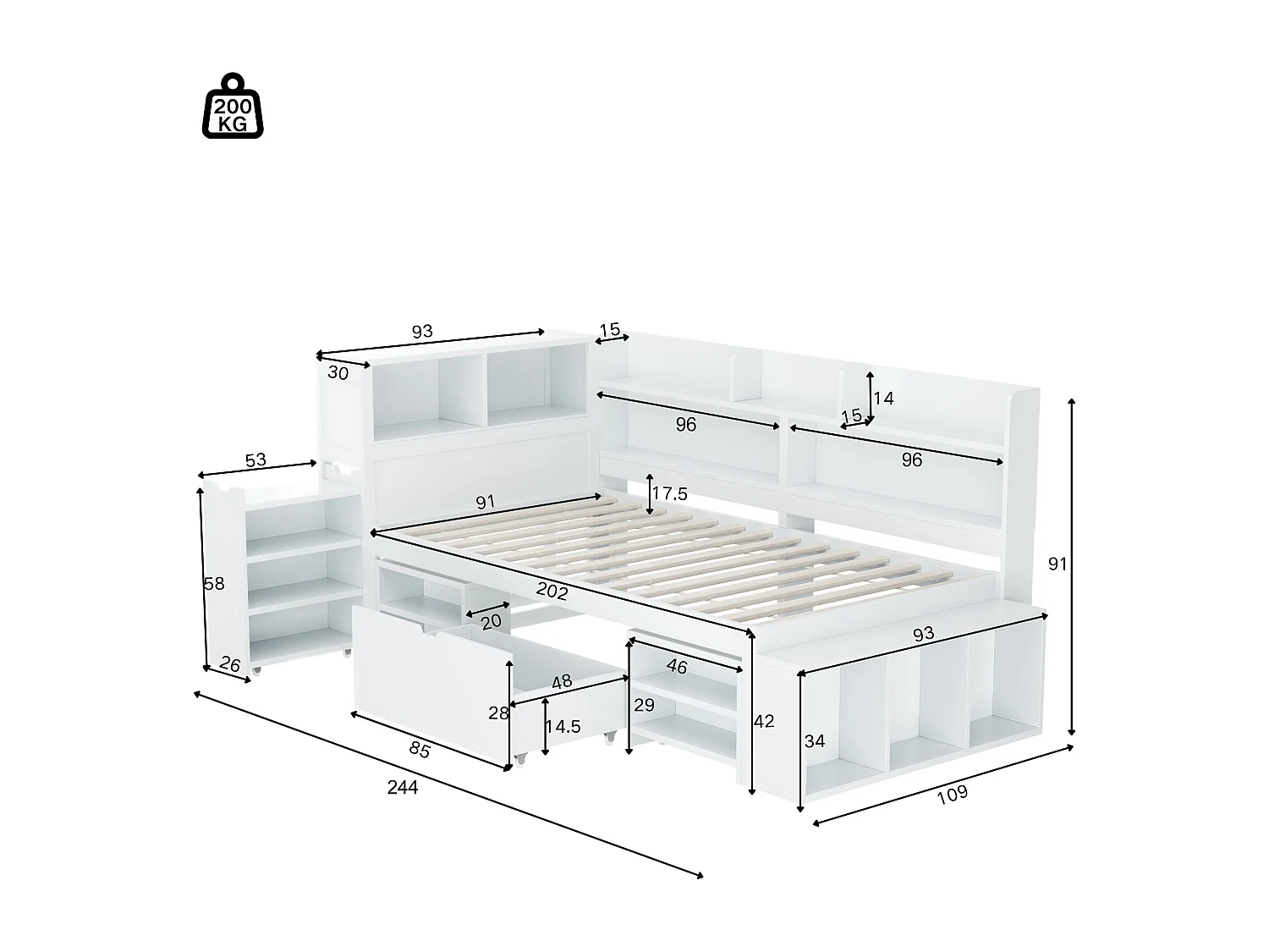Lit coffre pour enfant - 90 x 190 cm - avec tiroirs + étagères de rangement + sommier à lattes - bois - blanc