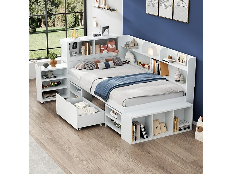 Lit coffre pour enfant - 90 x 190 cm - avec tiroirs + étagères de rangement + sommier à lattes - bois - blanc