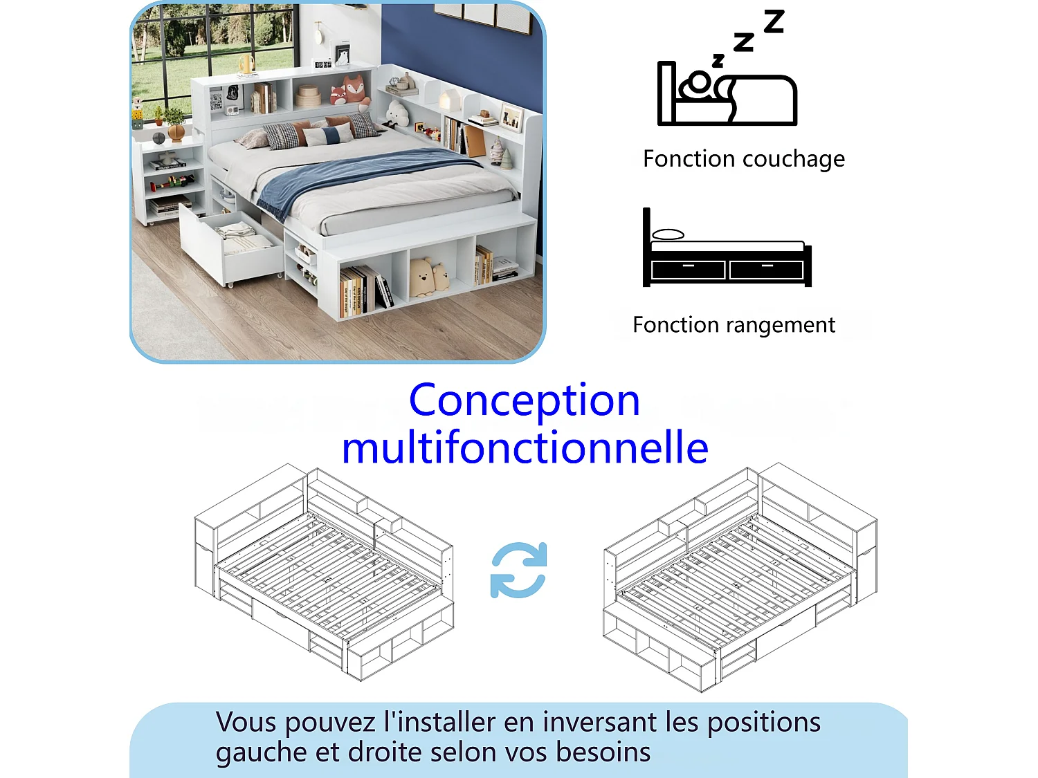 Lit coffre pour enfant - 135 x 190 cm - avec tiroirs + étagères de rangement + sommier à lattes - bois - blanc