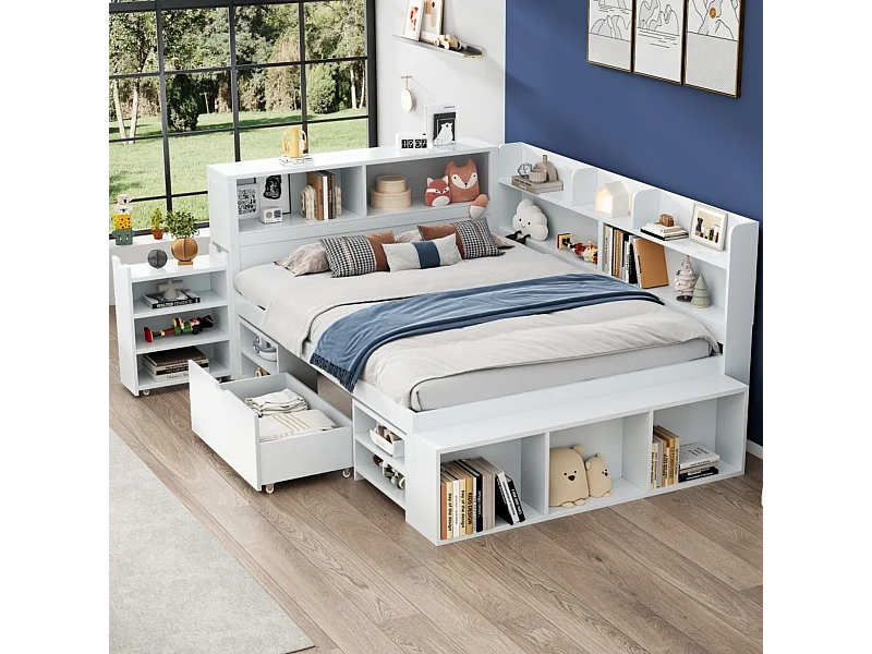 Lit coffre pour enfant - 135 x 190 cm - avec tiroirs + étagères de rangement + sommier à lattes - bois - blanc