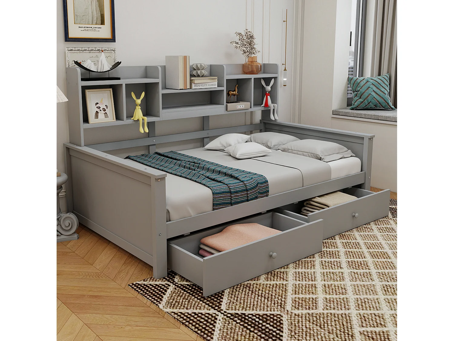 Canapé-lit pour enfant - 90 x 200 cm - avec 2 tiroirs + étagères de rangement + sommier à lattes - bois - gris