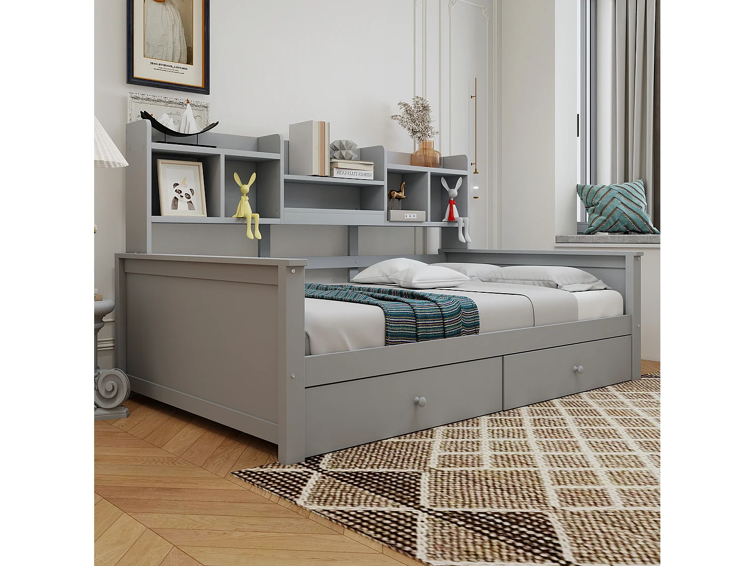 Canapé-lit pour enfant - 90 x 200 cm - avec 2 tiroirs + étagères de rangement + sommier à lattes - bois - gris