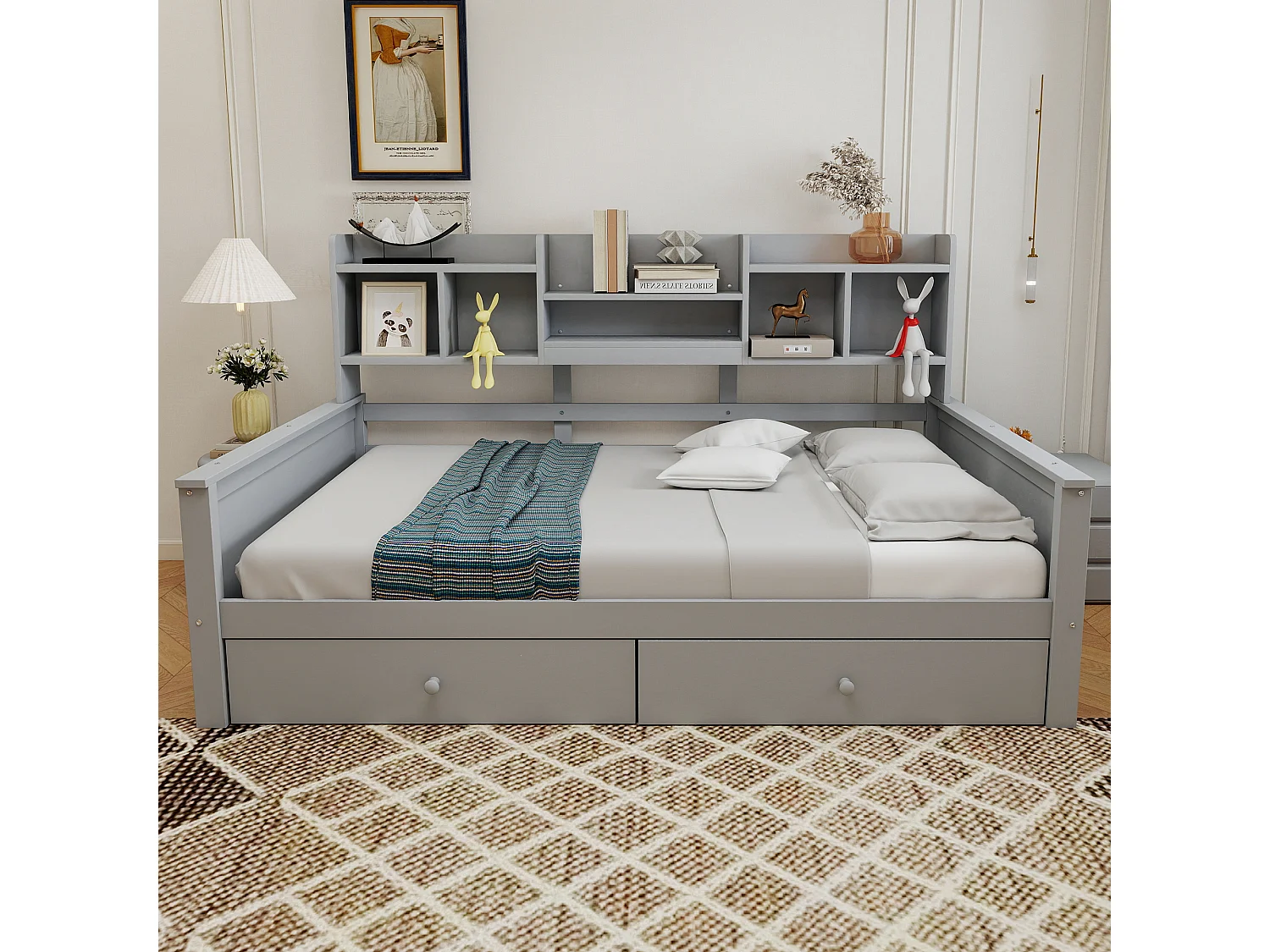 Canapé-lit pour enfant - 90 x 200 cm - avec 2 tiroirs + étagères de rangement + sommier à lattes - bois - gris