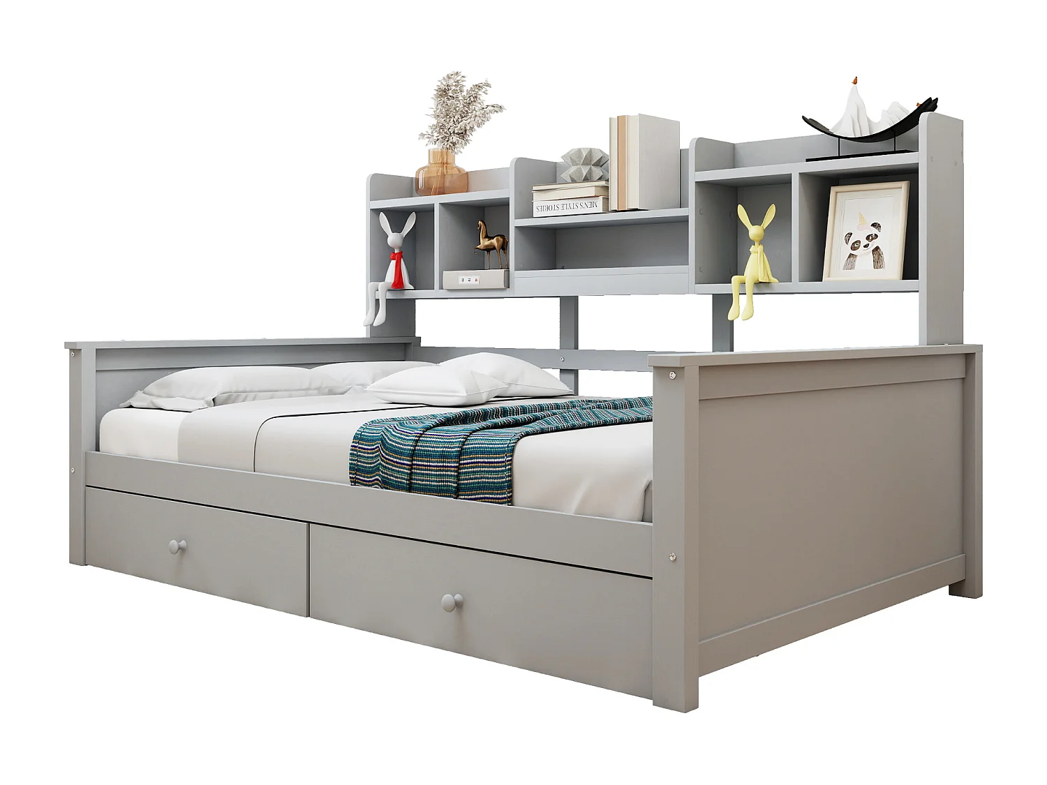 Canapé-lit pour enfant - 90 x 200 cm - avec 2 tiroirs + étagères de rangement + sommier à lattes - bois - gris