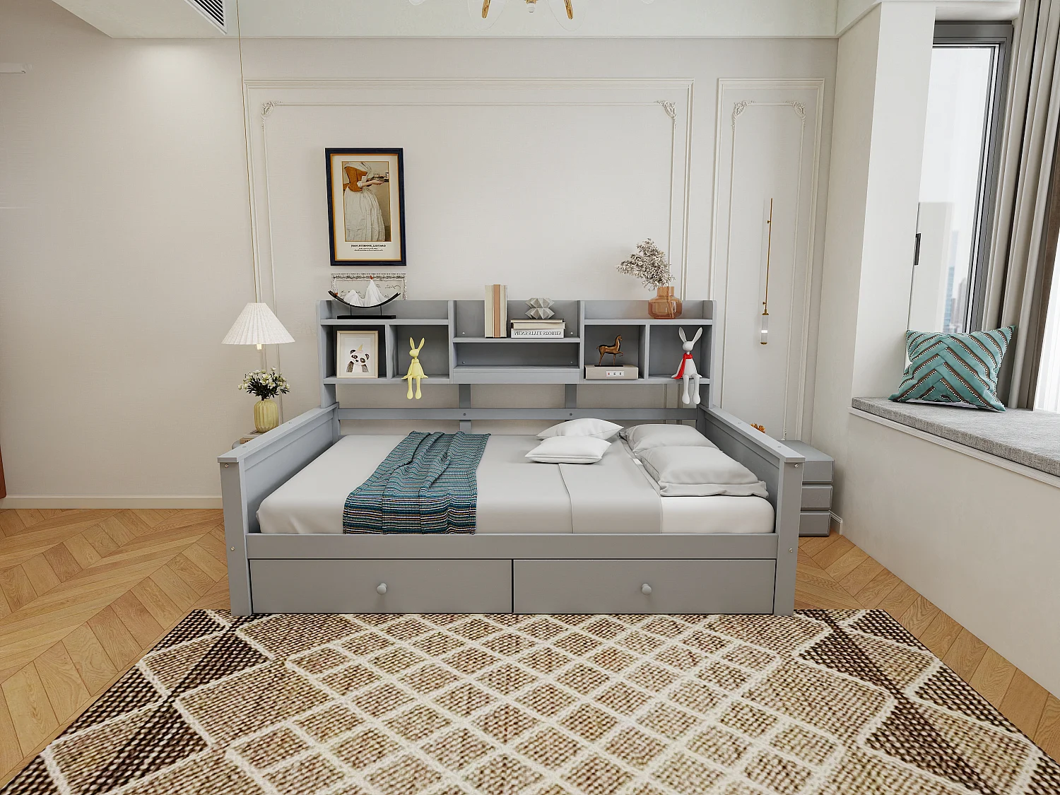 Canapé-lit pour enfant - 90 x 200 cm - avec 2 tiroirs + étagères de rangement + sommier à lattes - bois - gris