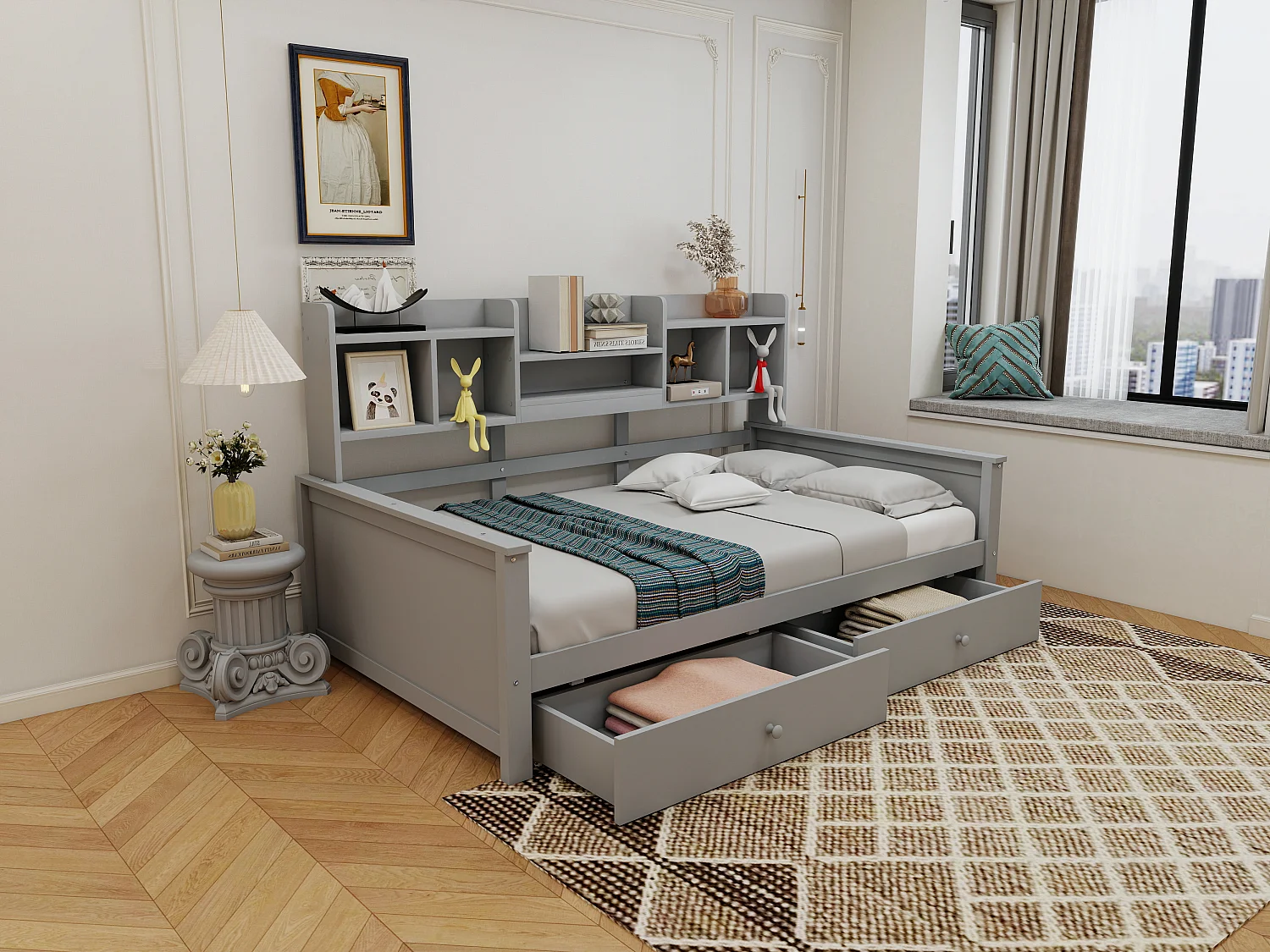 Canapé-lit pour enfant - 90 x 200 cm - avec 2 tiroirs + étagères de rangement + sommier à lattes - bois - gris