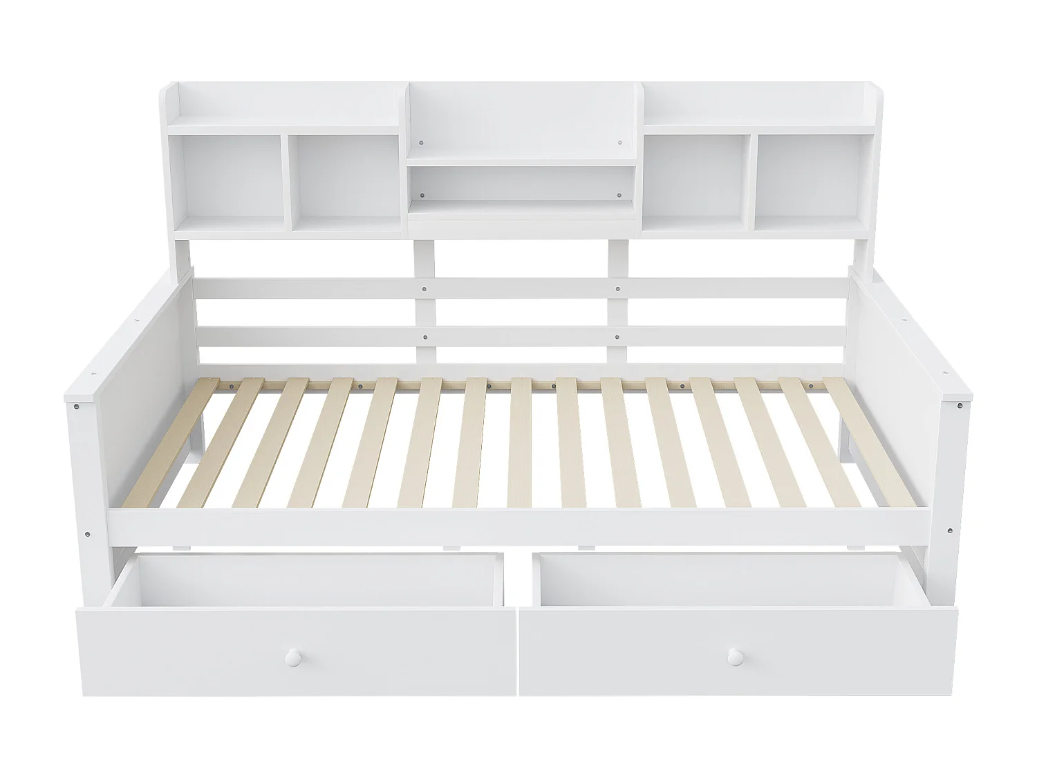 Canapé-lit pour enfant - 90 x 200 cm - avec 2 tiroirs + étagères de rangement + sommier à lattes - bois - blanc