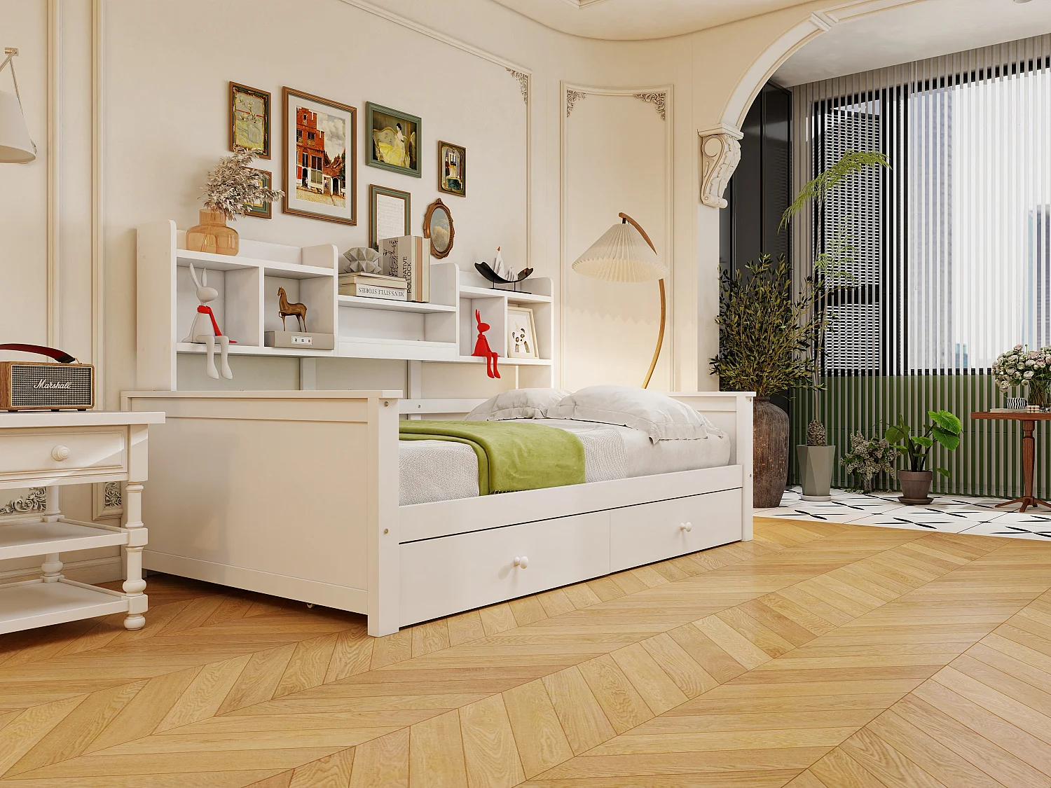 Canapé-lit pour enfant - 90 x 200 cm - avec 2 tiroirs + étagères de rangement + sommier à lattes - bois - blanc