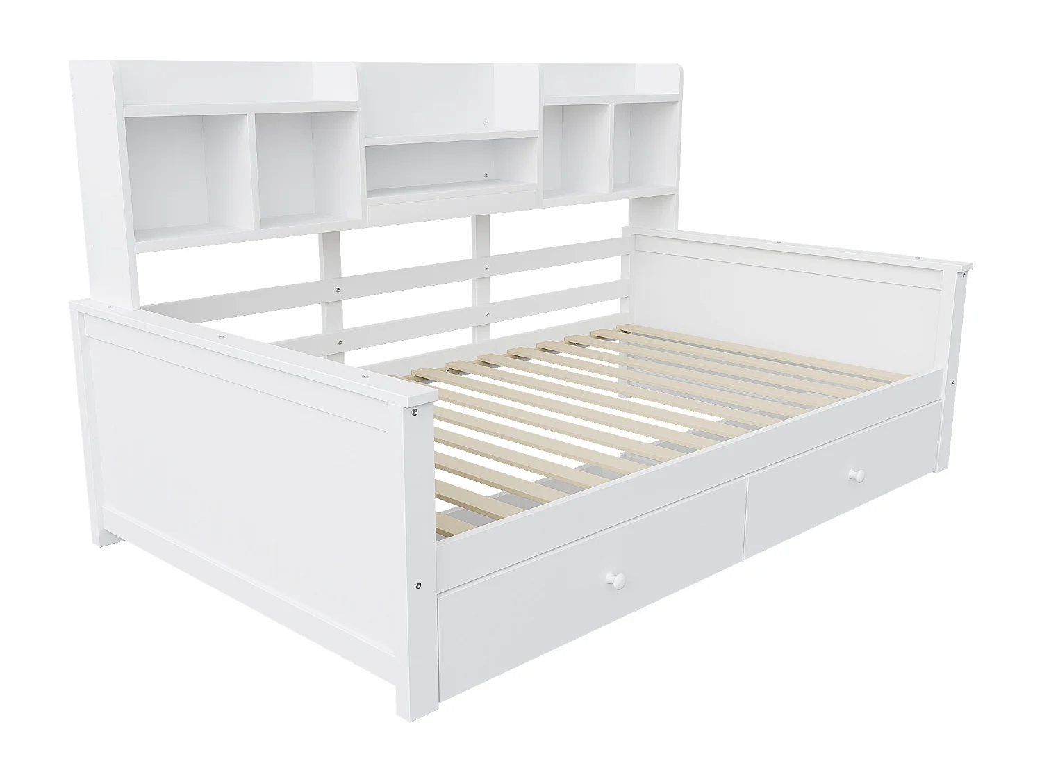 Canapé-lit pour enfant - 90 x 200 cm - avec 2 tiroirs + étagères de rangement + sommier à lattes - bois - blanc