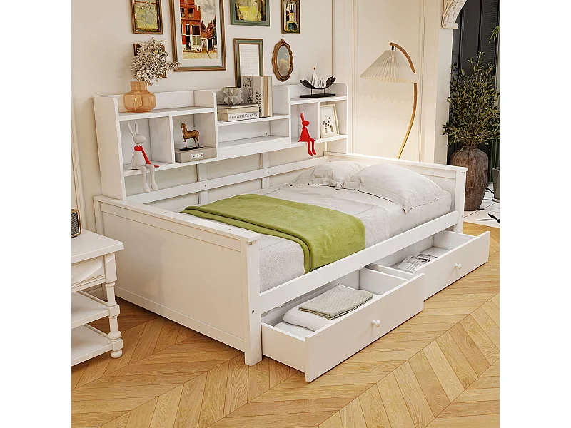 Canapé-lit pour enfant - 90 x 200 cm - avec 2 tiroirs + étagères de rangement + sommier à lattes - bois - blanc
