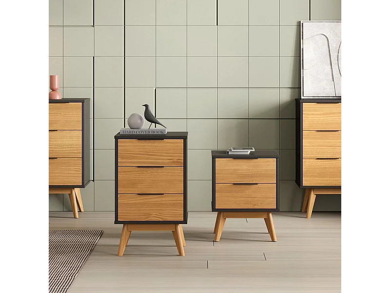 Chevet 3 tiroirs en pin massif ciré et teinté noir - VIKOV