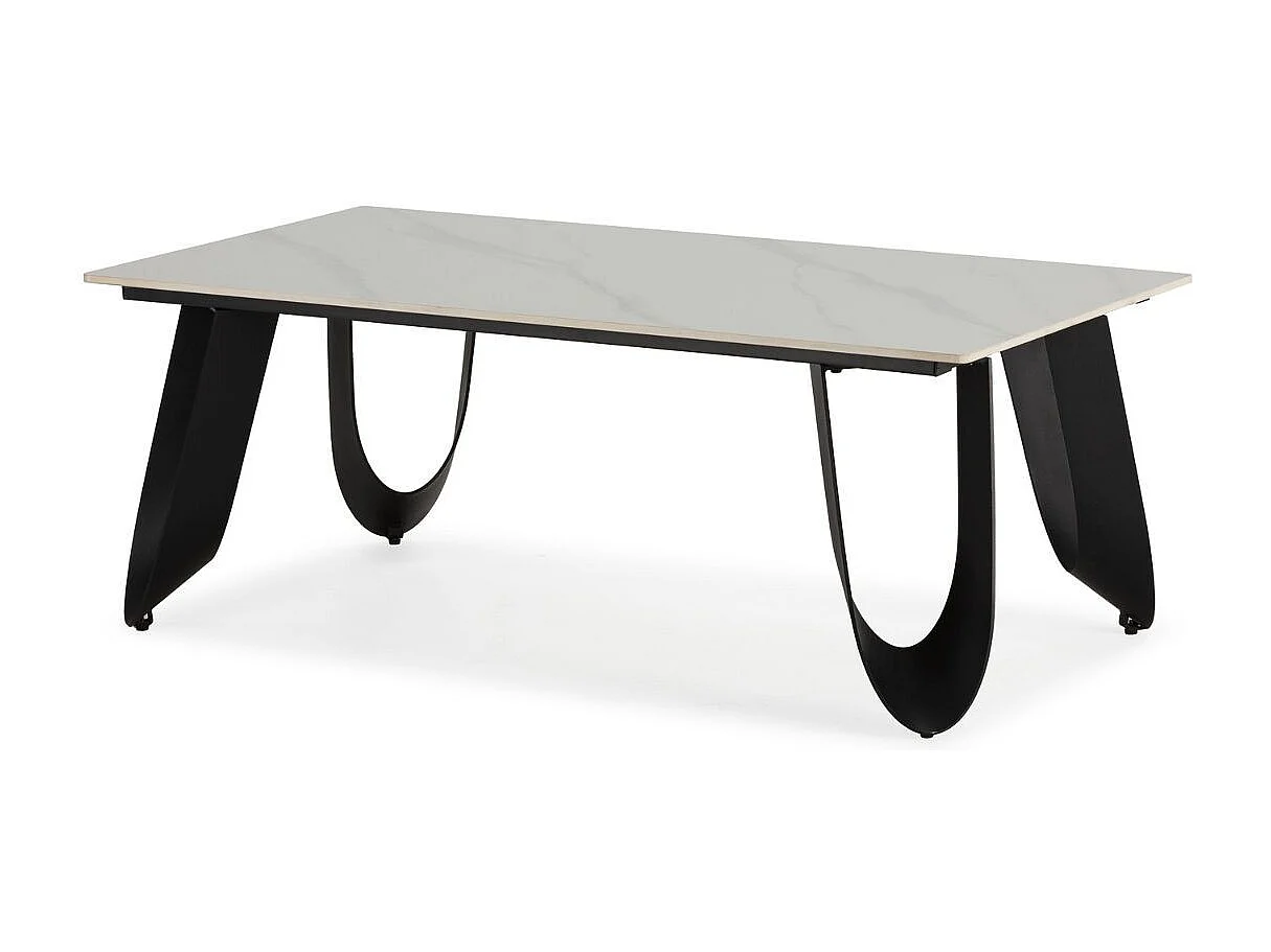 Table basse design rectangulaire avec plateau céramique imitation marbre blanc pied métal noir architectural  - LEILA