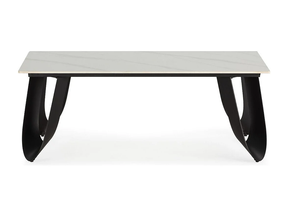 Table basse design rectangulaire avec plateau céramique imitation marbre blanc pied métal noir architectural  - LEILA