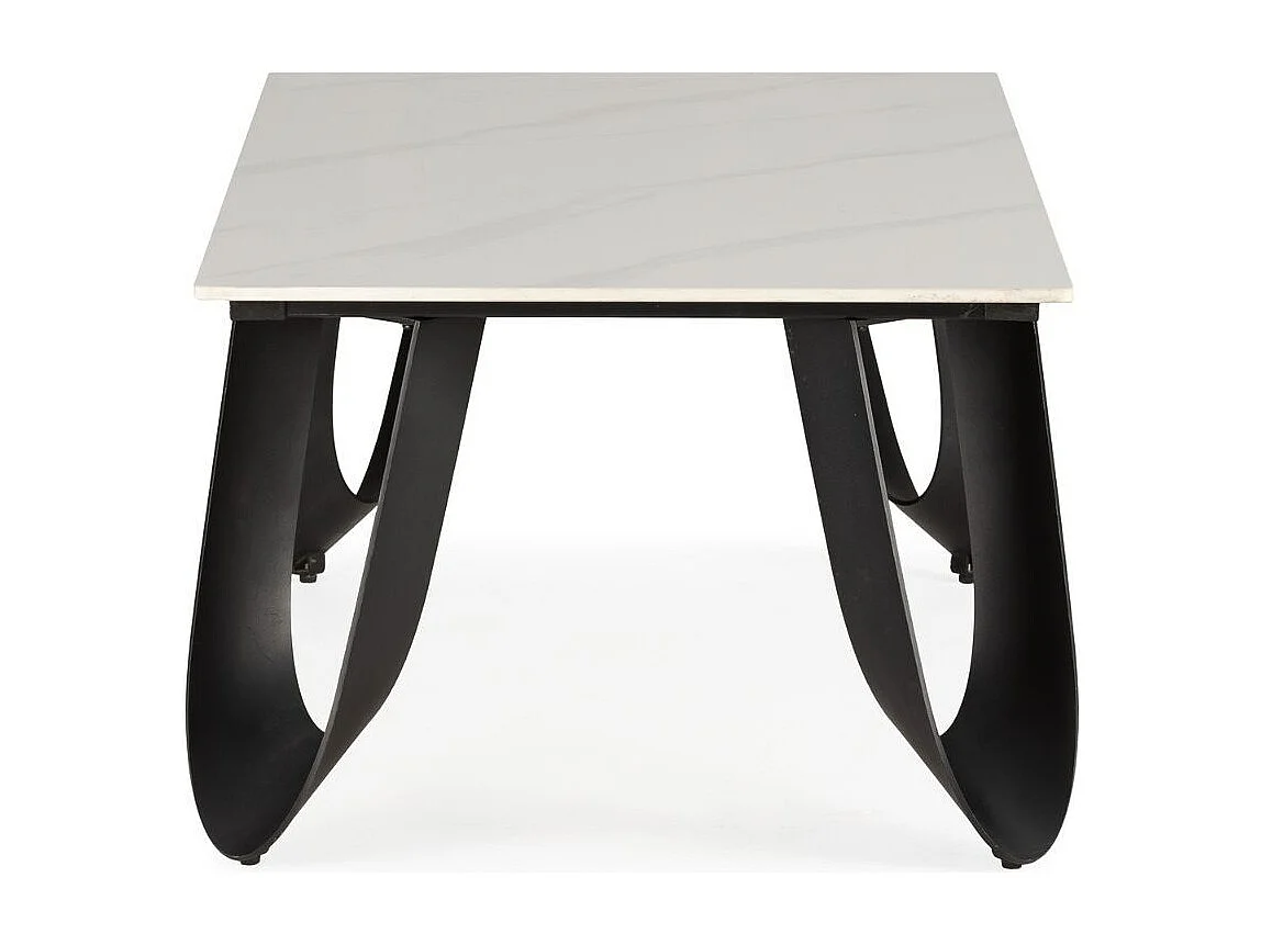 Table basse design rectangulaire avec plateau céramique imitation marbre blanc pied métal noir architectural  - LEILA