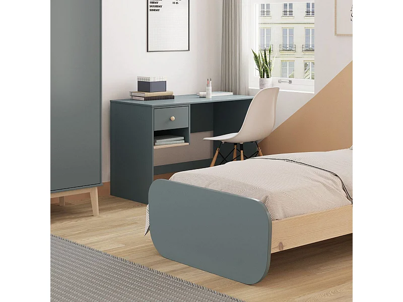 Bureau 1 tiroir et 1 niche en pin massif et MDF laqué vert kaki et naturel - KAINA