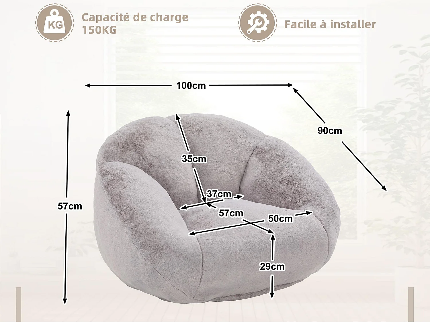 Fauteuil Poire en Velours - Dossier en Pétales - Confort Mémoire Douillet - Dimensions Généreuses (100x90cm) - Gris Claire - Pour Salon ou Chambre