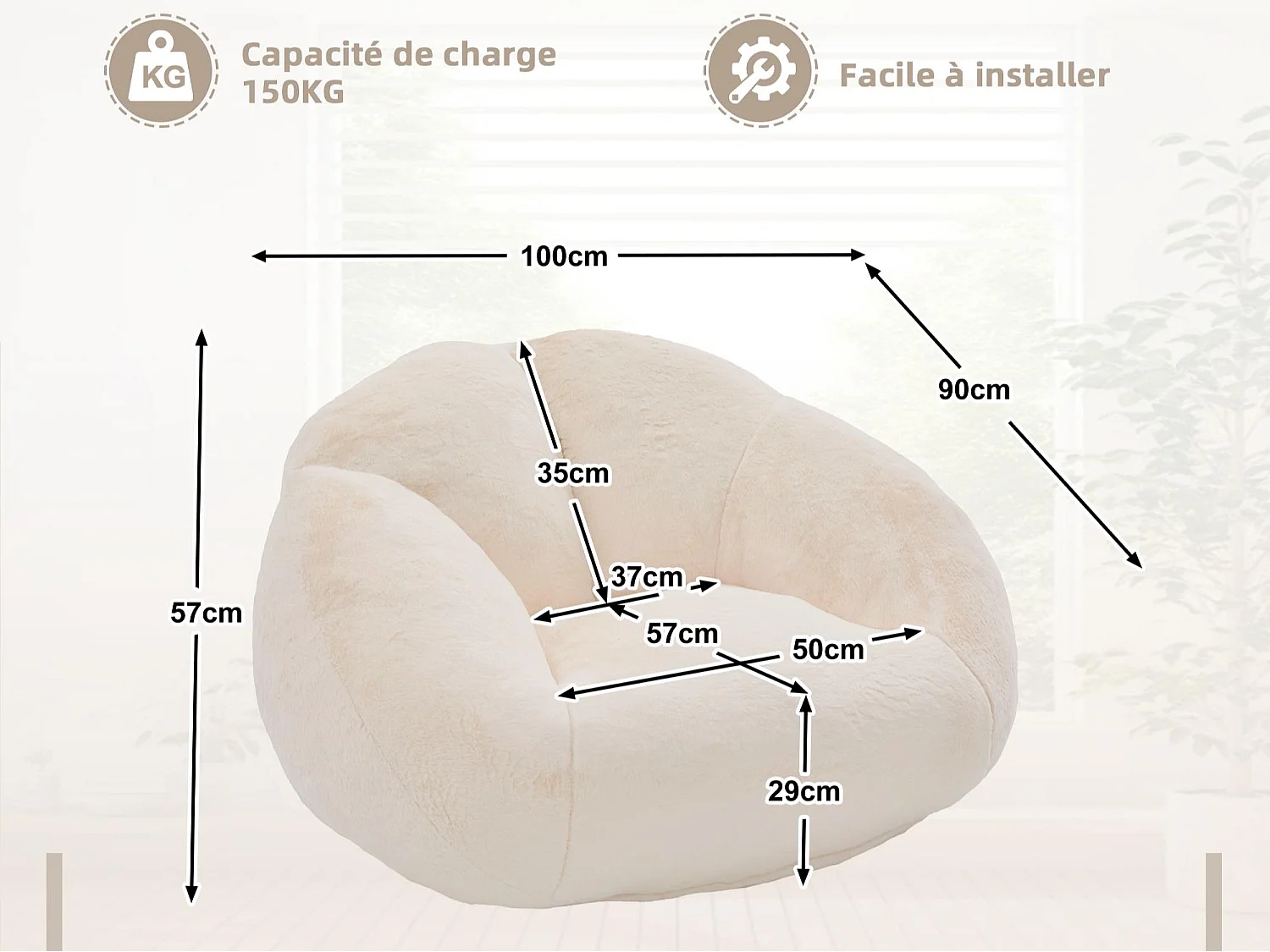 Fauteuil Poire en Velours - Dossier en Pétales - Confort Mémoire Douillet - Dimensions Généreuses (100x90cm) - Beige - Pour Salon ou Chambre