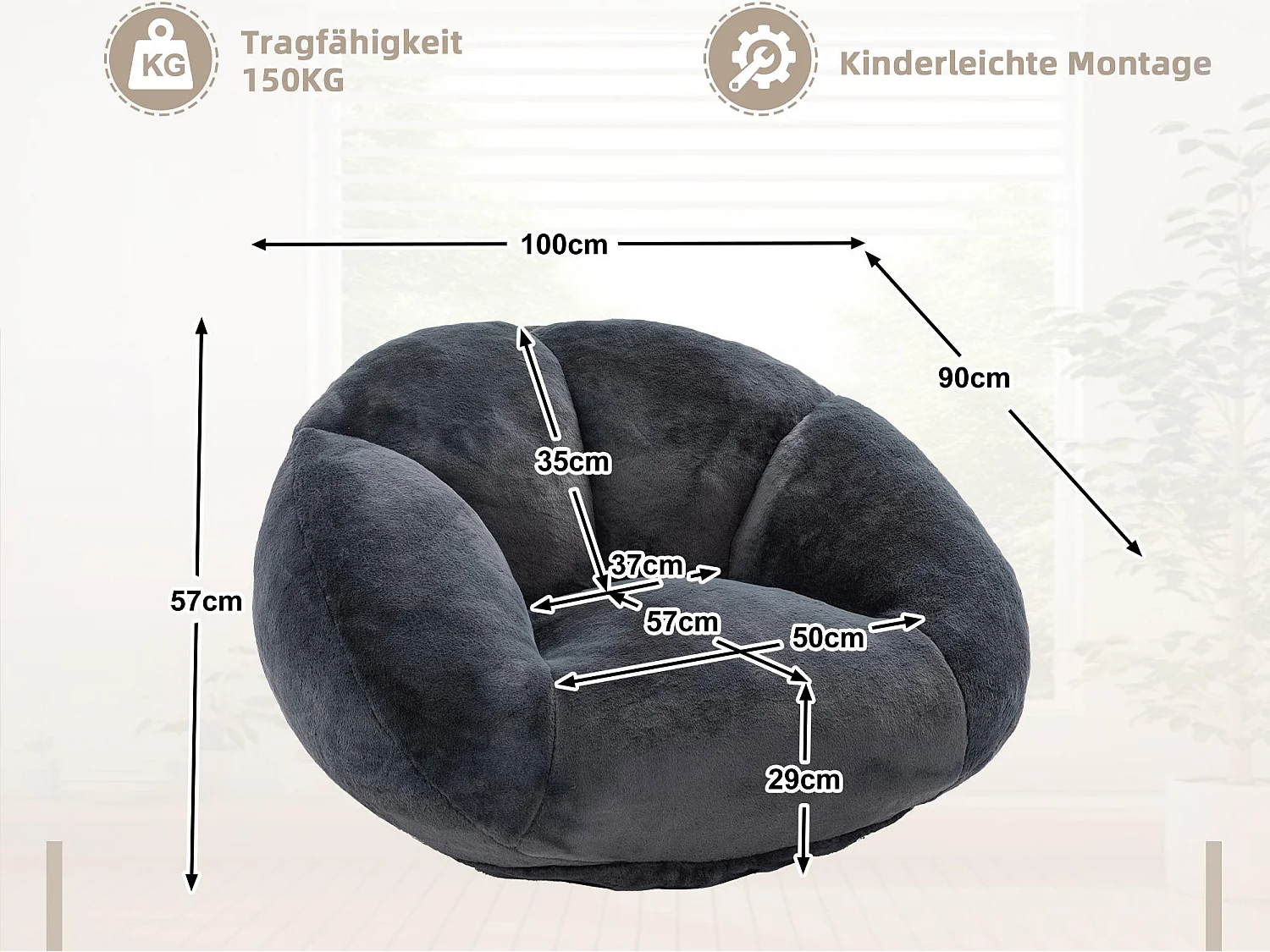 Fauteuil Poire en Velours - Dossier en Pétales - Confort Mémoire Douillet - Dimensions Généreuses (100x90cm) - Noir - Pour Salon ou Chambre