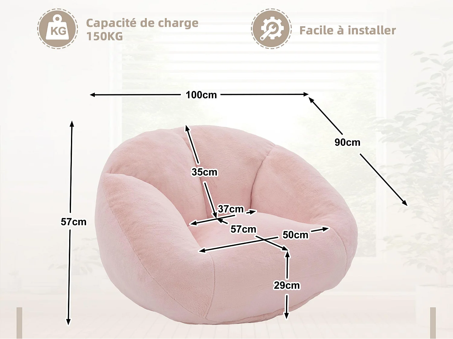 Fauteuil Poire en Velours - Dossier en Pétales - Confort Mémoire Douillet - Dimensions Généreuses (100x90cm) - Rose - Pour Salon ou Chambre